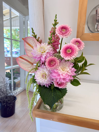 Pink Petal Vase filled with vibrant pink flowers, presented in a high-quality vase, available for delivery in the Adelaide Hills or pick-up at our Hahndorf flower studio